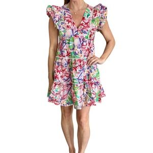 PINCH Tiered Mini Dress Medium Pink Tropical Floral Ruffle Sleeve Excellent‎